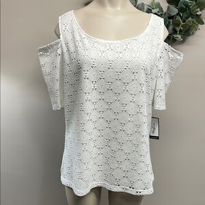 NWT Nine West Short Sleeve Cold Shoulder Crochet Lace Blouse L